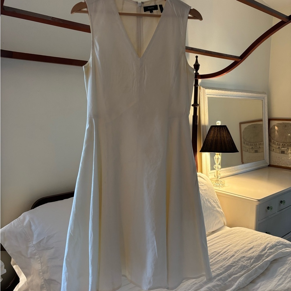 Theory White Flared Volume Skirt Linen Dress